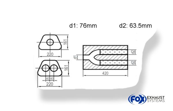 Uni-Schalldämpfer trapezoid zweiflutig mit Hose - Abw. 644 220x161mm, d1Ø 76mm  d2Ø 63,5mm, Länge: 420mm