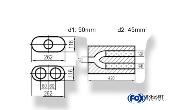 Uni-Schalldämpfer oval zweiflutig mit Hose - Abwicklung 650 262x116mm, d1Ø 50mm  d2Ø 45mm, Länge: 420mm