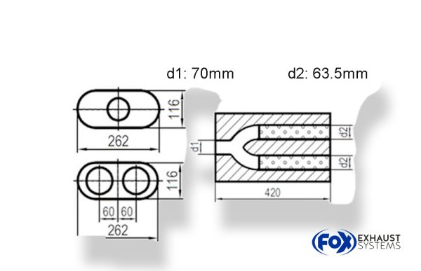 Uni-Schalldämpfer oval zweiflutig mit Hose - Abwicklung 650 262x116mm, d1Ø 70mm  d2Ø 63,5mm, Länge: 420mm