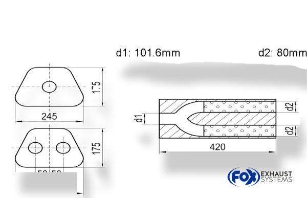 Uni-Schalldämpfer trapezoid zweiflutig mit Hose - Abw. 711 245x175mm, d1Ø 101,6mm außen/ d2Ø 2x80mm außen - Länge: 420mm