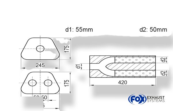 Uni-Schalldämpfer trapezoid zweiflutig mit Hose - Abw. 711 245x175mm, d1Ø 55mm außen/ d2Ø 2x50mm außen - Länge: 420mm