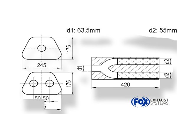 Uni-Schalldämpfer trapezoid zweiflutig mit Hose - Abw. 711 245x175mm, d1Ø 63,5mm außen/ d2Ø 2x55mm außen - Länge: 420mm