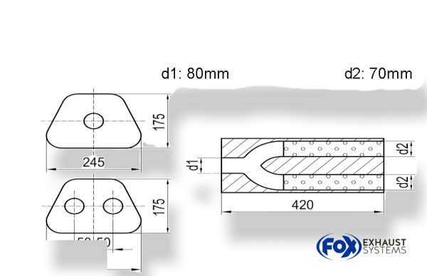 Uni-Schalldämpfer trapezoid zweiflutig mit Hose - Abw. 711 245x175mm, d1Ø 80mm  d2Ø 70mm, Länge: 420mm