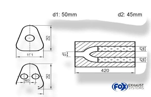 Uni-Schalldämpfer Dreieckig zweiflutig - Abwicklung 725 191x252mm, d1Ø 50mm außen / d2Ø 2x45mm außen - Länge: 420mm