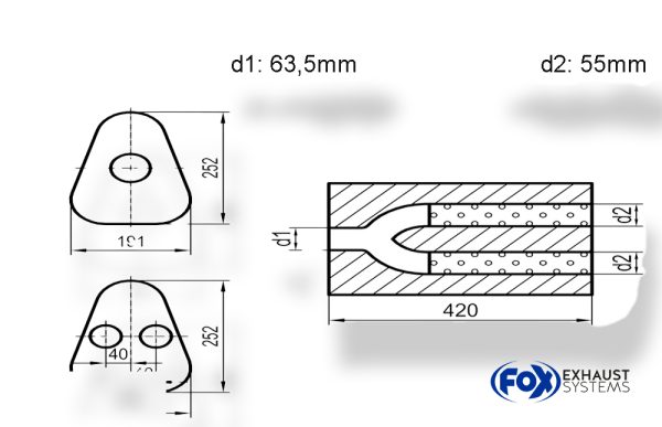 Uni-Schalldämpfer Dreieckig zweiflutig - Abwicklung 725 191x252mm, d1Ø 63,5mm außen / d2Ø 2x55mm außen - Länge: 420mm