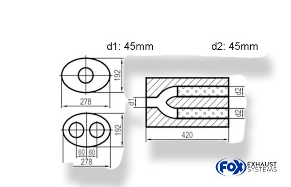 Uni-Schalldämpfer oval zweiflutig mit Hose - Abwicklung 754 278x192mm, d1Ø 45mm  d2Ø 40mm, Länge: 420mm