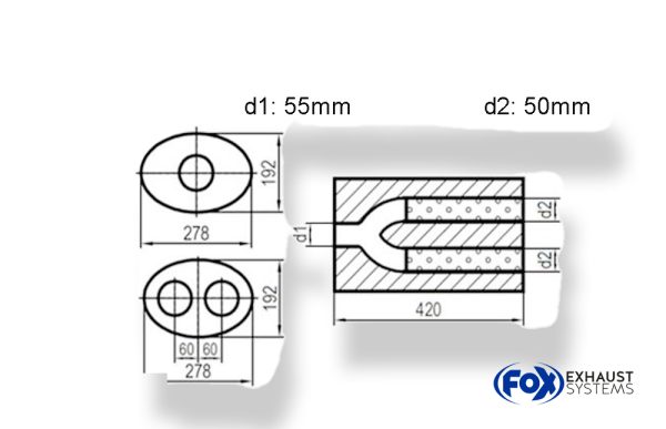 Uni-Schalldämpfer oval zweiflutig mit Hose - Abwicklung 754 278x192mm, d1Ø 55mm  d2Ø 50mm, Länge: 420mm