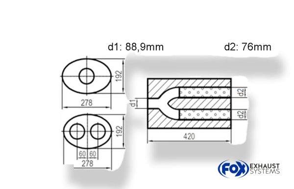Uni-Schalldämpfer oval zweiflutig mit Hose - Abwicklung 754 278x192mm, d1Ø 88,9mm d2Ø 76 mm, Länge: 420mm
