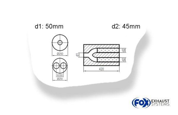 Uni-Schalldämpfer rund zweiflutig mit Hose - Abwicklung 784 Ø 250mm, d1: 50mm, d2: 45mm innen - Länge: 420mm -Ø250mm