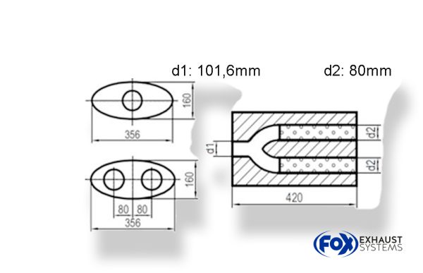 Uni-Schalldämpfer oval zweiflutig mit Hose - Abwicklung 818 356x160mm, d1Ø 101,6mm  d2Ø 80mm, Länge: 420mm