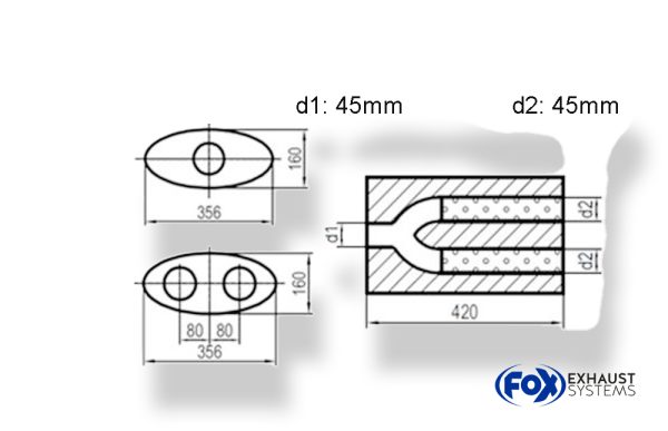 Uni-Schalldämpfer oval zweiflutig mit Hose - Abwicklung 818 356x160mm, d1Ø 45mm  d2Ø 40mm, Länge: 420mm