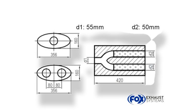 Uni-Schalldämpfer oval zweiflutig mit Hose - Abwicklung 818 356x160mm, d1Ø 55mm  d2Ø 50mm, Länge: 420mm