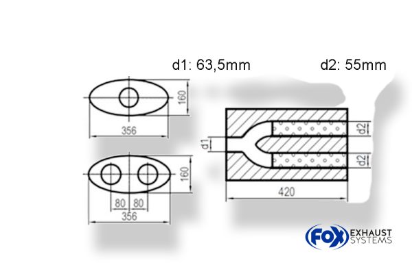 Uni-Schalldämpfer oval zweiflutig mit Hose - Abwicklung 818 356x160mm, d1Ø 63,5mm  d2Ø 55mm, Länge: 420mm