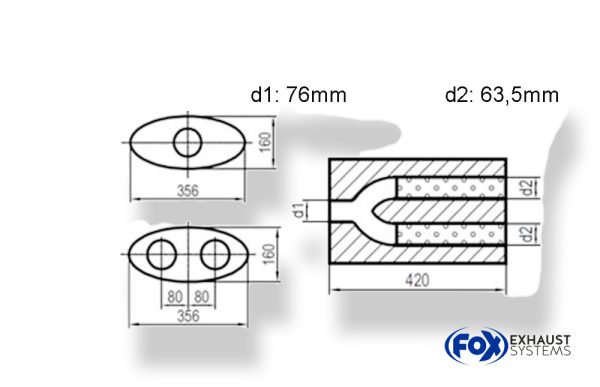 Uni-Schalldämpfer oval zweiflutig mit Hose - Abwicklung 818 356x160mm, d1Ø 76mm  d2Ø 63,5mm, Länge: 420mm