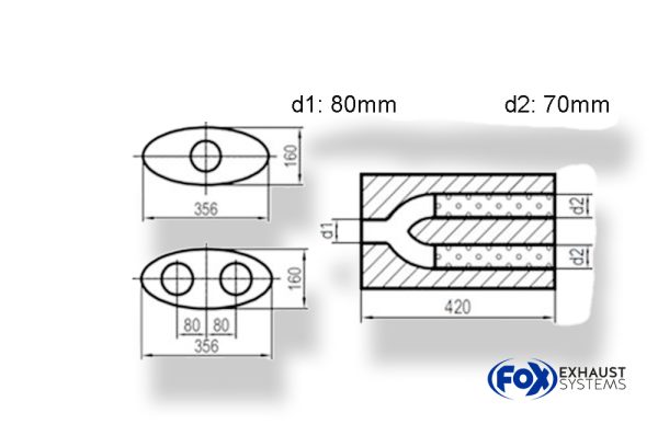 Uni-Schalldämpfer oval zweiflutig mit Hose - Abwicklung 818 356x160mm, d1Ø 80mm  d2Ø 70mm, Länge: 420mm