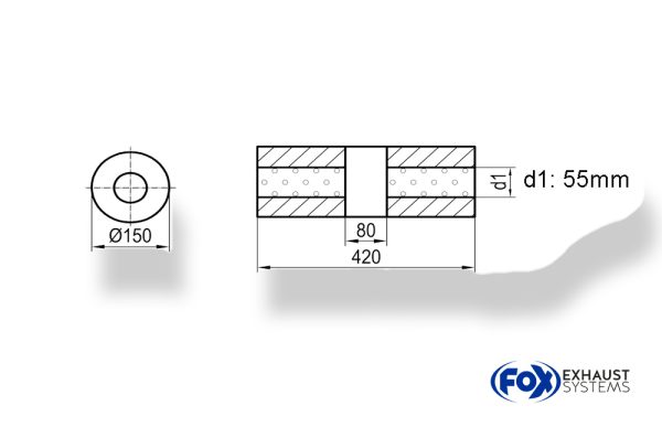 Uni-Schalldämpfer rund ohne Stutzen mit Kammer - Abw. 466 Ø 150mm, d1Ø 55mm (außen), Länge: 420mm