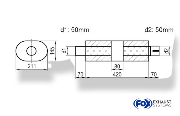 Uni-Schalldämpfer Oval mit Kammer + Stutzen - Abw. 585 211x145, d1Ø 50mm (außen), d2Ø 50mm (innen), Länge: 420mm