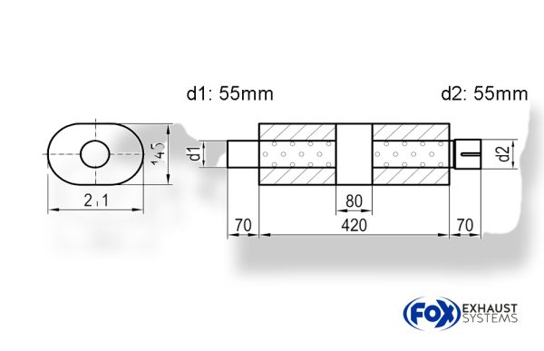 Uni-Schalldämpfer Oval mit Kammer + Stutzen - Abw. 585 211x145, d1Ø 55mm (außen), d2Ø 55mm (innen), Länge: 420mm