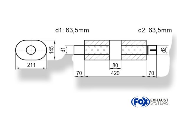 Uni-Schalldämpfer Oval mit Kammer + Stutzen - Abw. 585 211x145, d1Ø 63,5mm (außen), d2Ø 63,5mm (innen), Länge: 420mm