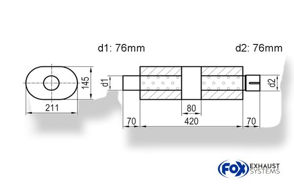 Uni-Schalldämpfer Oval mit Kammer + Stutzen - Abw. 585 211x145, d1Ø 76mm (außen), d2Ø 76mm (innen), Länge: 420mm