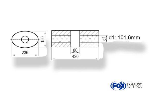 Uni-Schalldämpfer oval ohne Stutzen mit Kammer - Abw. 618 236x150mm, d1Ø 101,6mm, Länge: 420mm