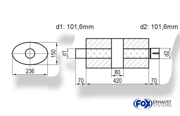 Uni-Schalldämpfer oval mit Kammer + Stutzen - Abw. 618 236x150mm, d1Ø 101,6mm (außen) d2Ø 101,6mm (innen), Länge: 420mm