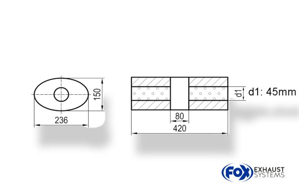 Uni-Schalldämpfer oval ohne Stutzen mit Kammer - Abw. 618 236x150mm, d1Ø 45mm, Länge: 420mm