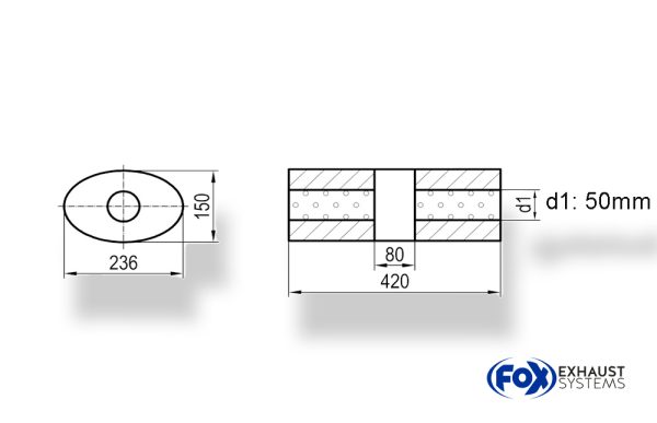 Uni-Schalldämpfer oval ohne Stutzen mit Kammer - Abw. 618 236x150mm, d1Ø 50mm, Länge: 420mm