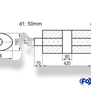 Uni-Schalldämpfer oval mit Kammer + Stutzen - Abw. 618 236x150, d1Ø 50mm (außen) d2Ø 50mm (innen), Länge: 420mm