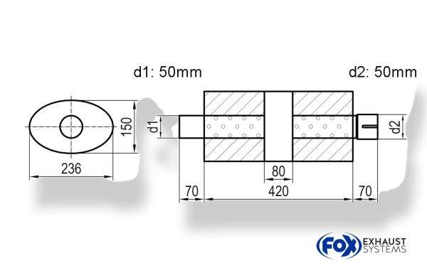 Uni-Schalldämpfer oval mit Kammer + Stutzen - Abw. 618 236x150, d1Ø 50mm (außen) d2Ø 50mm (innen), Länge: 420mm