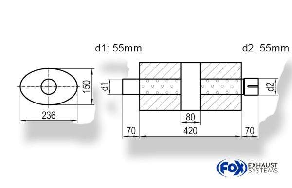 Uni-Schalldämpfer oval mit Kammer + Stutzen - Abw. 618 236x150, d1Ø 55mm (außen) d2Ø 55mm (innen), Länge: 420mm