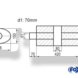 Uni-Schalldämpfer oval mit Kammer + Stutzen - Abw. 618 236x150, d1Ø 70mm (außen) d2Ø 70mm (innen), Länge: 420mm