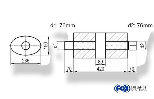 Uni-Schalldämpfer oval mit Kammer + Stutzen - Abw. 618 236x150, d1Ø 76mm (außen) d2Ø 76mm (innen), Länge: 420mm