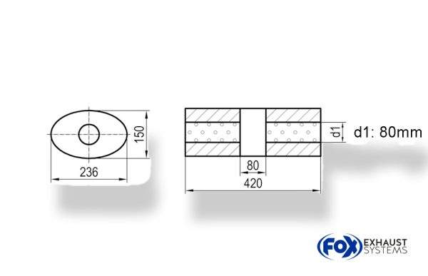 Uni-Schalldämpfer oval ohne Stutzen mit Kammer - Abw. 618 236x150, d1Ø 80mm (außen), Länge: 420mm