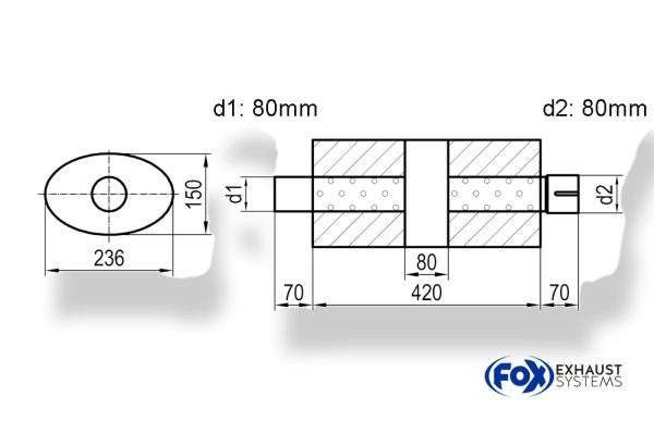 Uni-Schalldämpfer oval mit Kammer + Stutzen - Abw. 618 236x150, d1Ø 80mm (außen) d2Ø 80mm (innen), Länge: 420mm