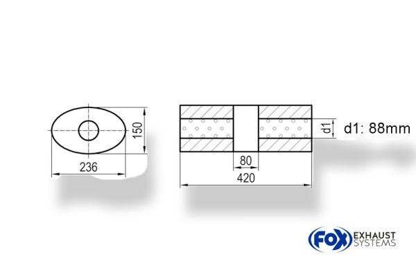 Uni-Schalldämpfer oval ohne Stutzen mit Kammer - Abw. 618 236x150mm, d1Ø 88,9mm (außen), Länge: 420mm