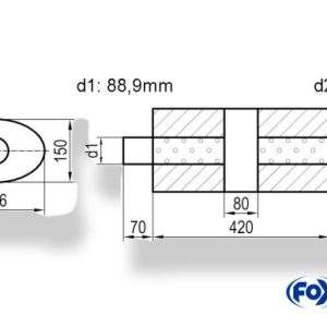 Uni-Schalldämpfer oval mit Kammer + Stutzen - Abw. 618 236x150mm, d1Ø 88,9mm (außen) d2Ø 88,9mm (innen), Länge: 420mm