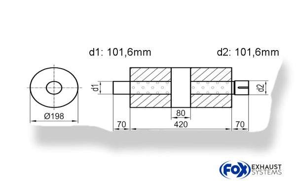 Uni-Schalldämpfer rund mit Kammer + Stutzen - Abw. 626 Ø 198mm, d1Ø 101mm (außen) d2Ø 101mm (innen) , Länge: 420mm