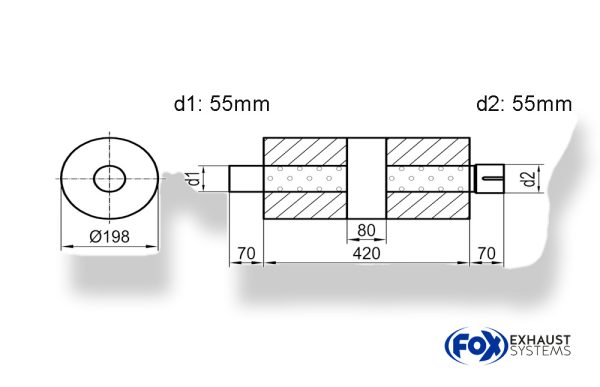 Uni-Schalldämpfer rund mit Kammer + Stutzen - Abw. 626 Ø 198mm, d1Ø 55mm (außen)  d2Ø 55,5mm (innen), Länge: 420mm