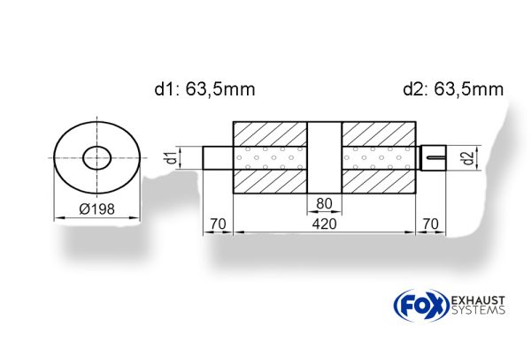 Uni-Schalldämpfer rund mit Kammer + Stutzen - Abw. 626 Ø 198mm, d1Ø 63,5mm (außen) d2Ø 63,5mm (innen), Länge: 420mm