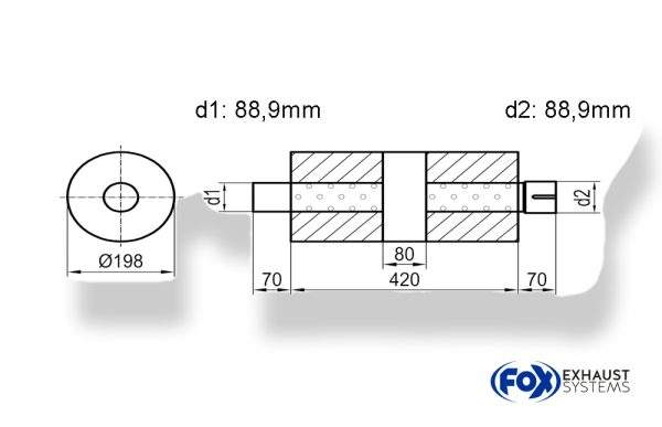 Uni-Schalldämpfer rund mit Kammer + Stutzen - Abw. 626 Ø 198mm, d1Ø 88,9mm (außen) d2Ø 88,9mm (innen), Länge: 420mm