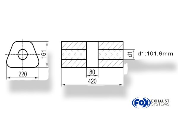 Uni-Schalldämpfer trapez ohne Stutzen mit Kammer - Abw. 644 220x161mm, d1Ø 101,6mm, Länge: 420mm