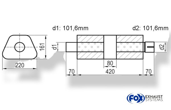 Uni-Schalldämpfer trapez mit Kammer + Stutzen - Abw. 644 220x161mm, d1Ø 101,6mm (außen), d2Ø 101,6mm (innen), Länge: 420mm