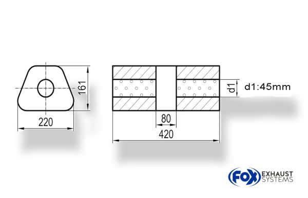 Uni-Schalldämpfer trapez ohne Stutzen mit Kammer - Abw. 644 220x161mm, d1Ø 45mm, Länge: 420mm