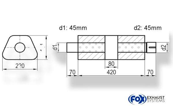Uni-Schalldämpfer trapez mit Kammer + Stutzen - Abw. 644 220x161mm, d1Ø 45mm (außen), d2Ø 45mm (innen), Länge: 420mm