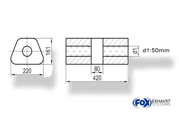 Uni-Schalldämpfer trapez ohne Stutzen mit Kammer - Abw. 644 220x161mm, d1Ø 50mm, Länge: 420mm