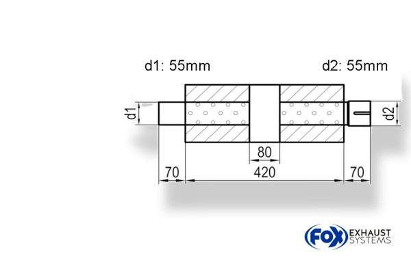 Uni-Schalldämpfer trapez mit Kammer + Stutzen - Abw. 644 220x161mm, d1Ø 55mm (außen), d2Ø 55mm (innen), Länge: 420mm