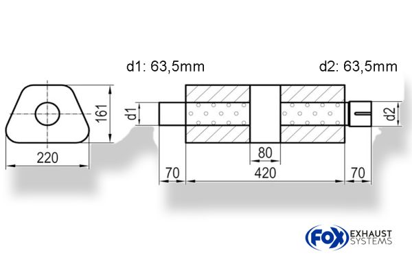 Uni-Schalldämpfer trapez mit Kammer + Stutzen - Abw. 644 220x161mm, d1Ø 63,5mm (außen), d2Ø 63,5mm (innen), Länge: 420mm