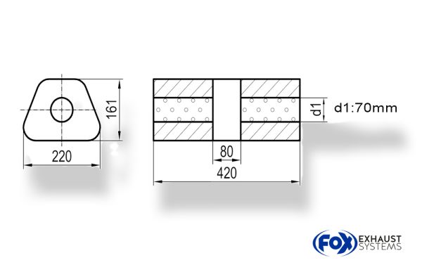 Uni-Schalldämpfer trapez ohne Stutzen mit Kammer - Abw. 644 220x161mm, d1Ø 70mm, Länge: 420mm