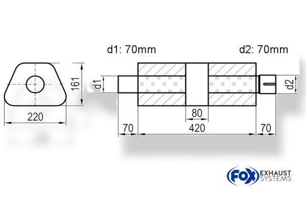 Uni-Schalldämpfer trapez mit Kammer + Stutzen - Abw. 644 220x161mm, d1Ø 70mm (außen), d2Ø 70mm (innen), Länge: 420mm